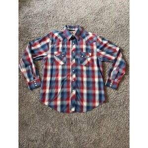 Vintage Wrangler Pearl Snap Western Saw Tooth Button Up Shirt Large Snap Plaid